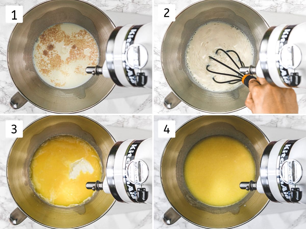 Collage of 4 steps showing mixing liquid ingrediens and blooming the yeast.