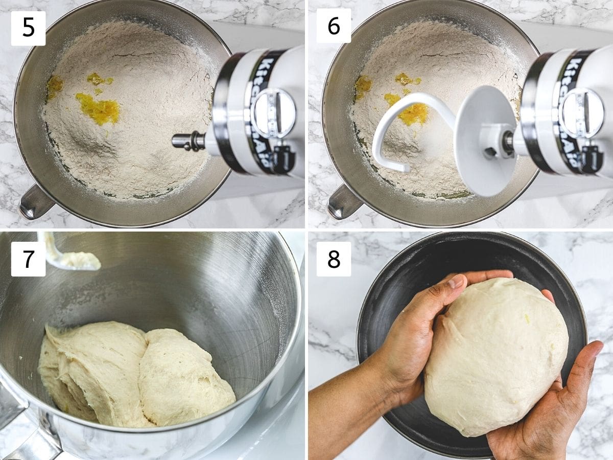 Collage of 4 steps showing adding flour, kneading into a smooth dough.