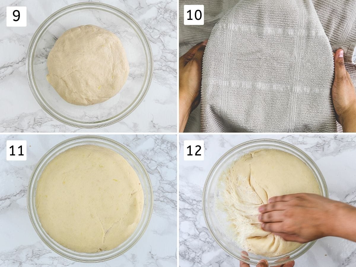 Collage of 4 steps showing dough in a bowl, covered and proofed dough.