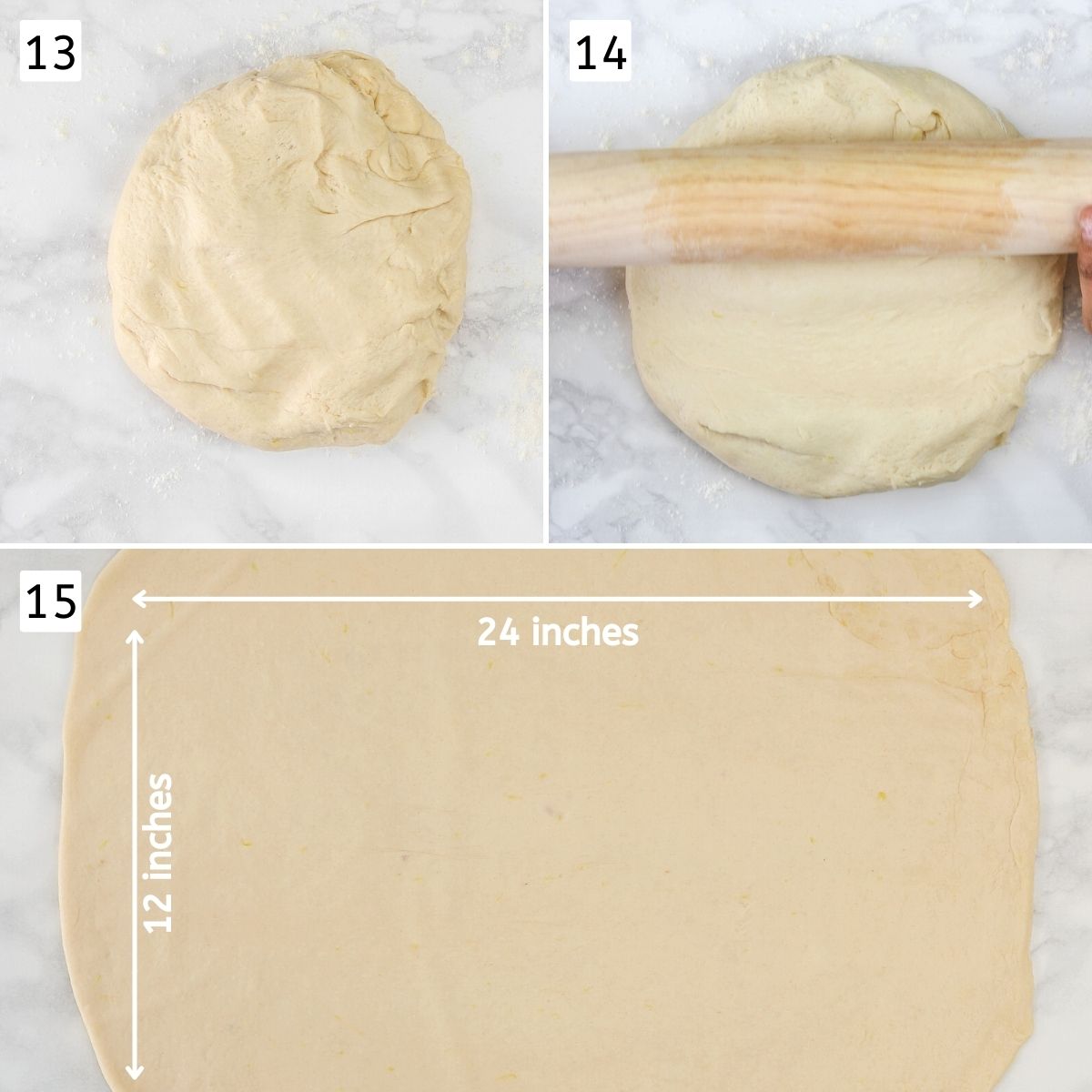 Collage of 3 steps showing rolling the dough to a rectangle.