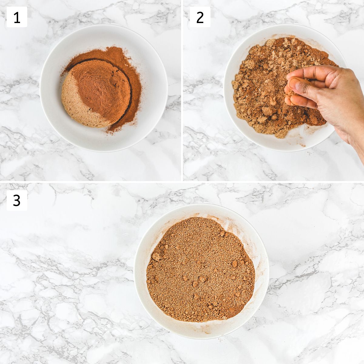 Collage of 3 steps showing mixing filling of brown sugar and cinnamon and breaking lumps of sugar.