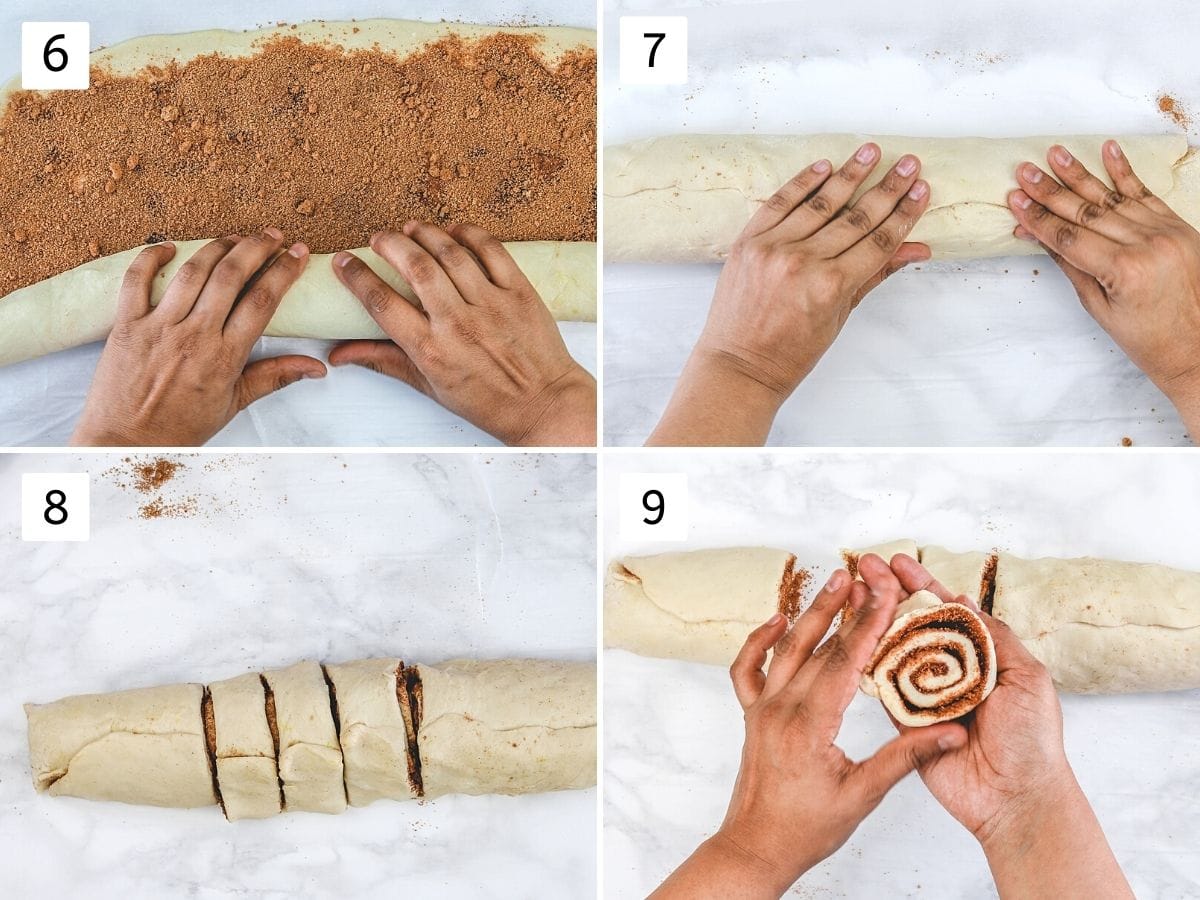 Collage of 4 steps showing rolling the dough and cutting into 12 parts.