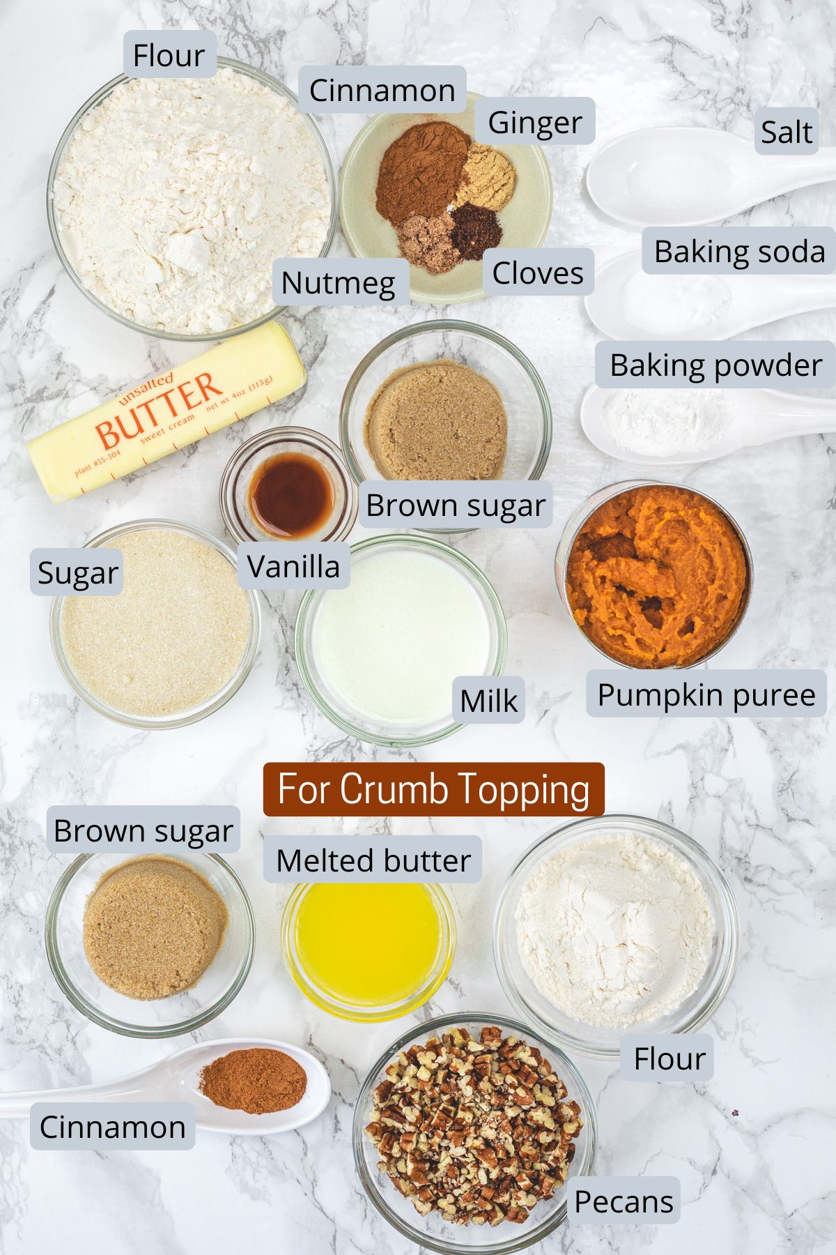 Eggless pumpkin muffins and crumb topping ingredients in bowls and spoons with labels.