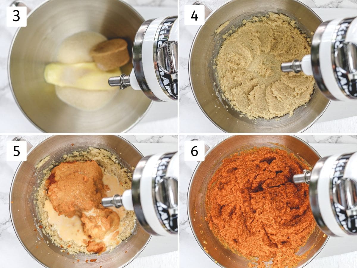 Collage of 4 images showing beating butter and sugar, adding wet ingredients and beating.