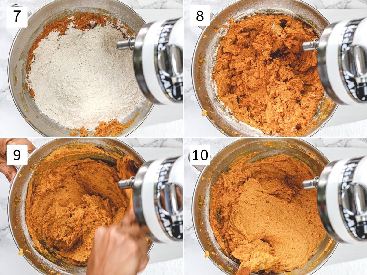 Collage of 4 images showing adding dry mixture, mixing and ready muffin batter.