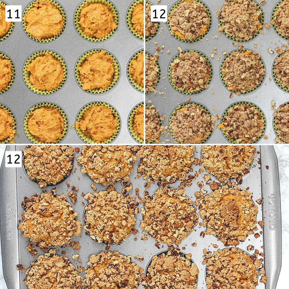 Collage of 3 images showing muffin batter in the liners, topped with crumb topping and baked muffins.