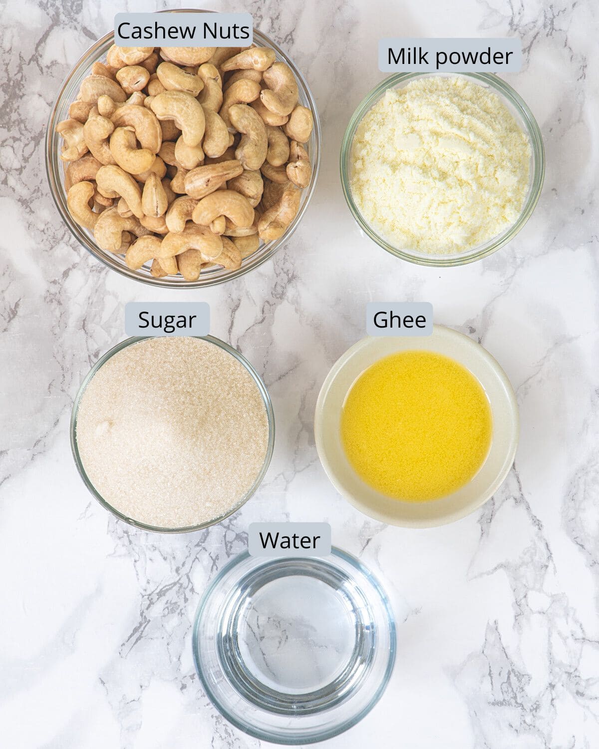 Kaju modak ingredients in bowls with labels.