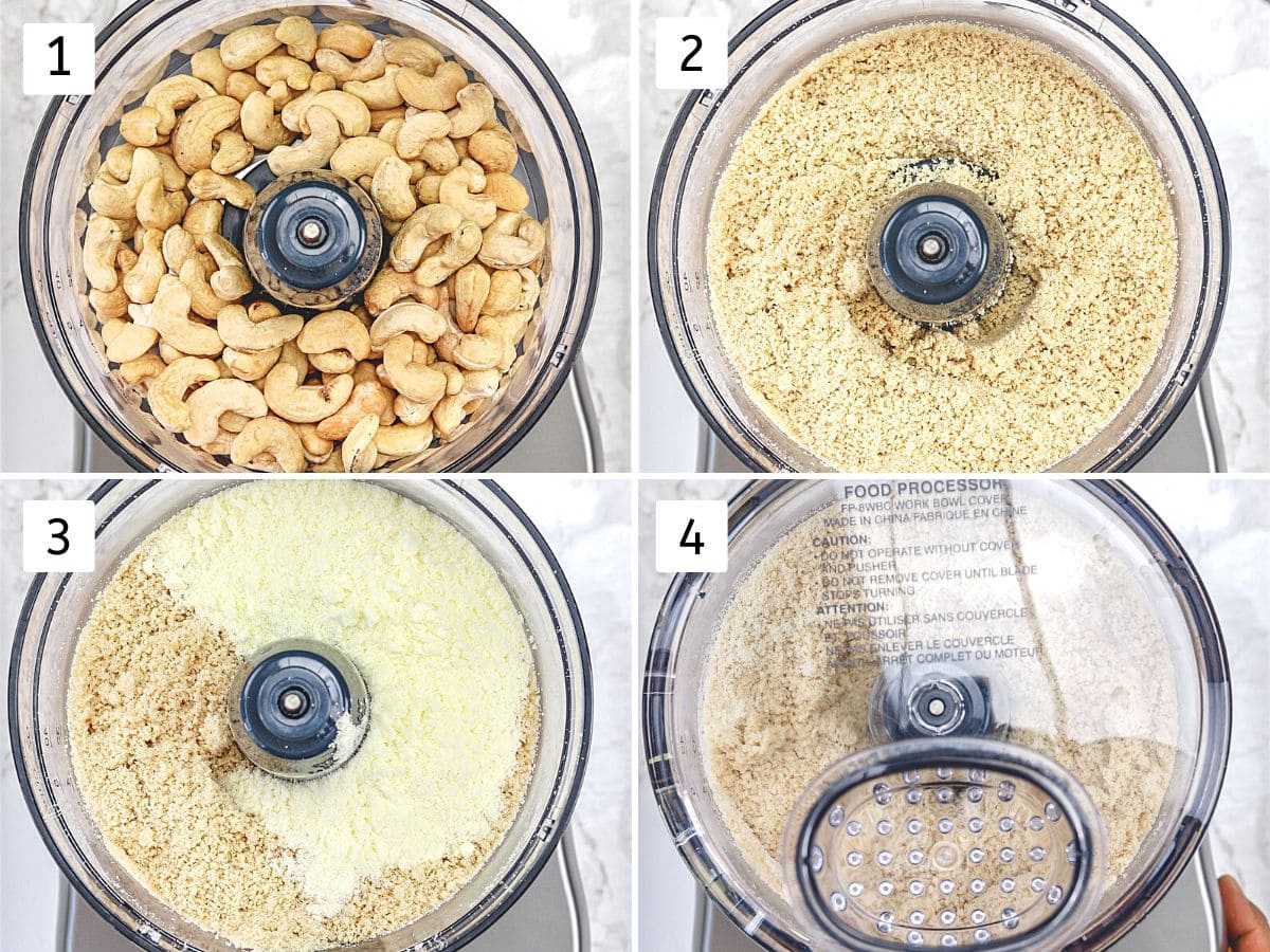 Collage of 4 steps showing making powder from cashews in food processor and mixing milk powder.