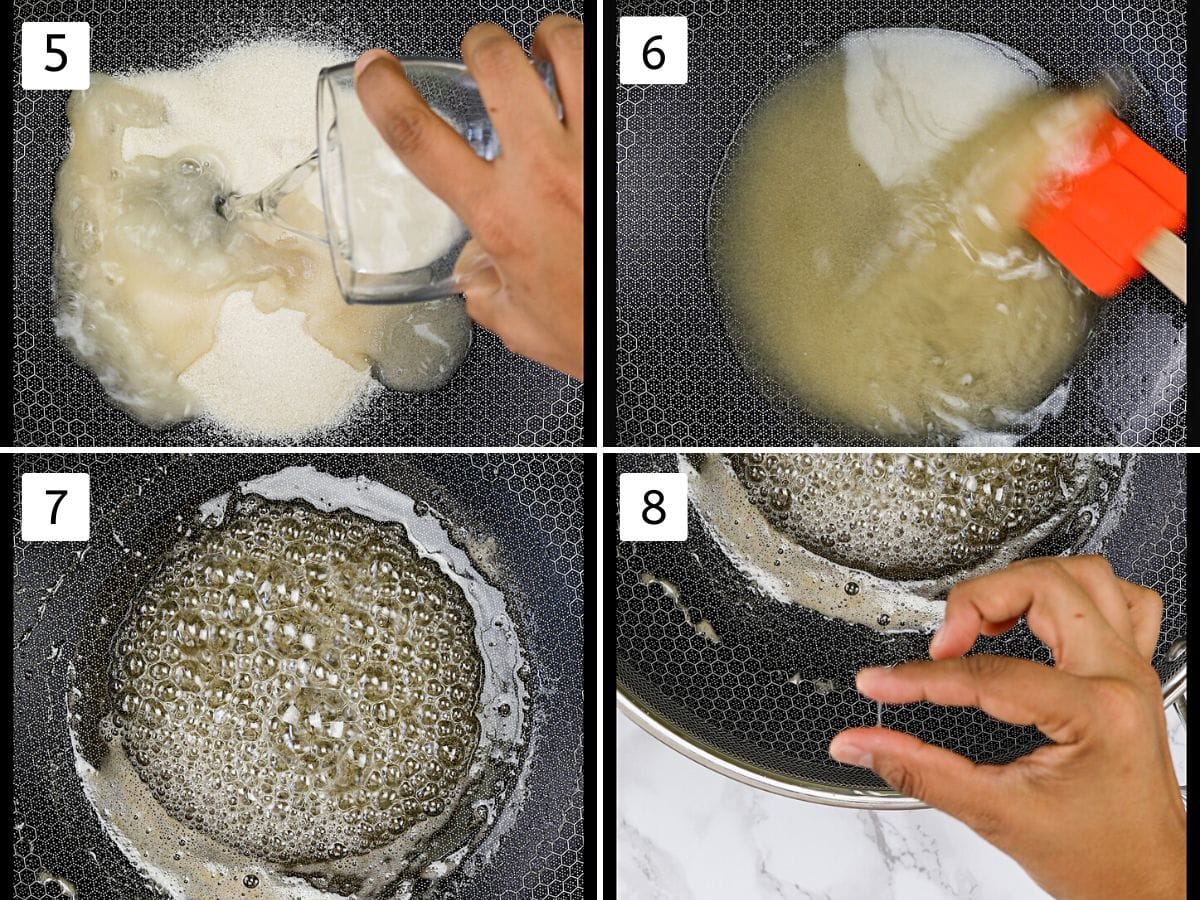 Collage of 4 steps showing making 1 string consistency sugar syrup.