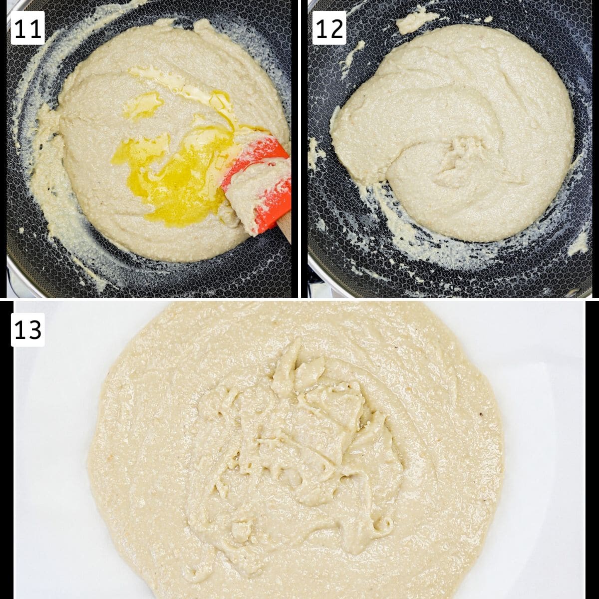 Collage of 3 steps showing adding, mixing ghee and remving mixture to a plate.