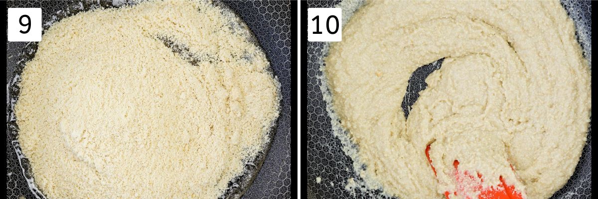 Collage of 2 images showing adding cashew powder and mixing.