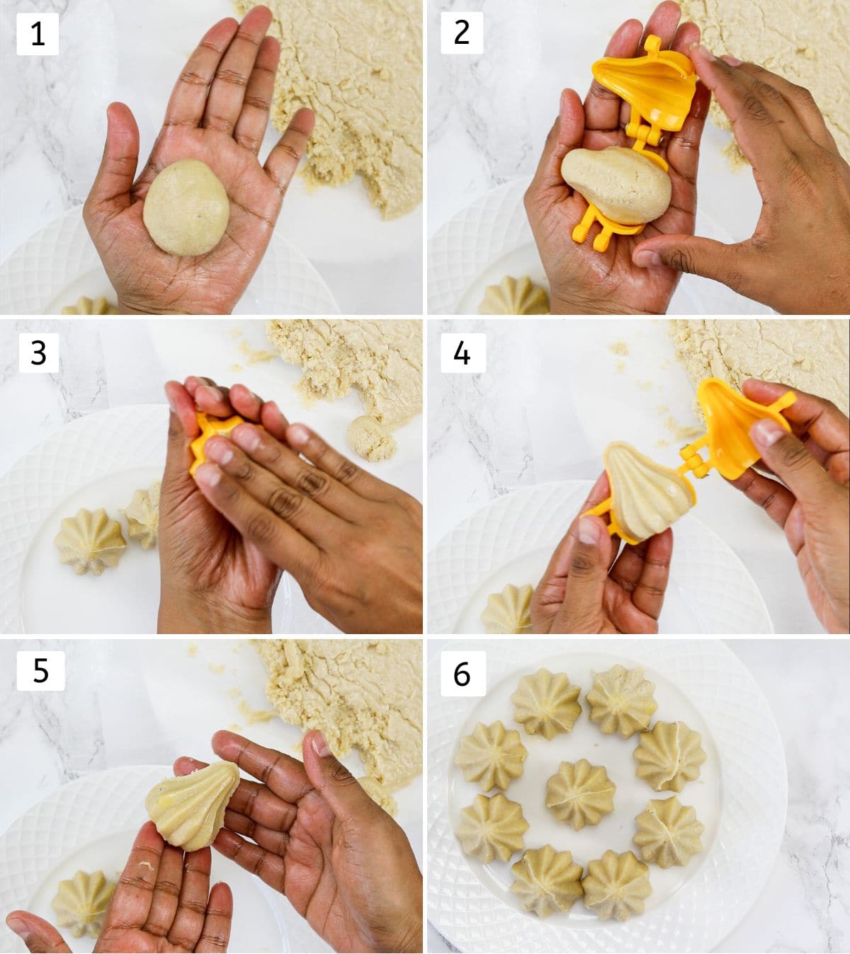 Collage of 6 steps showing shaping modak using modak mould and placing on a plate.