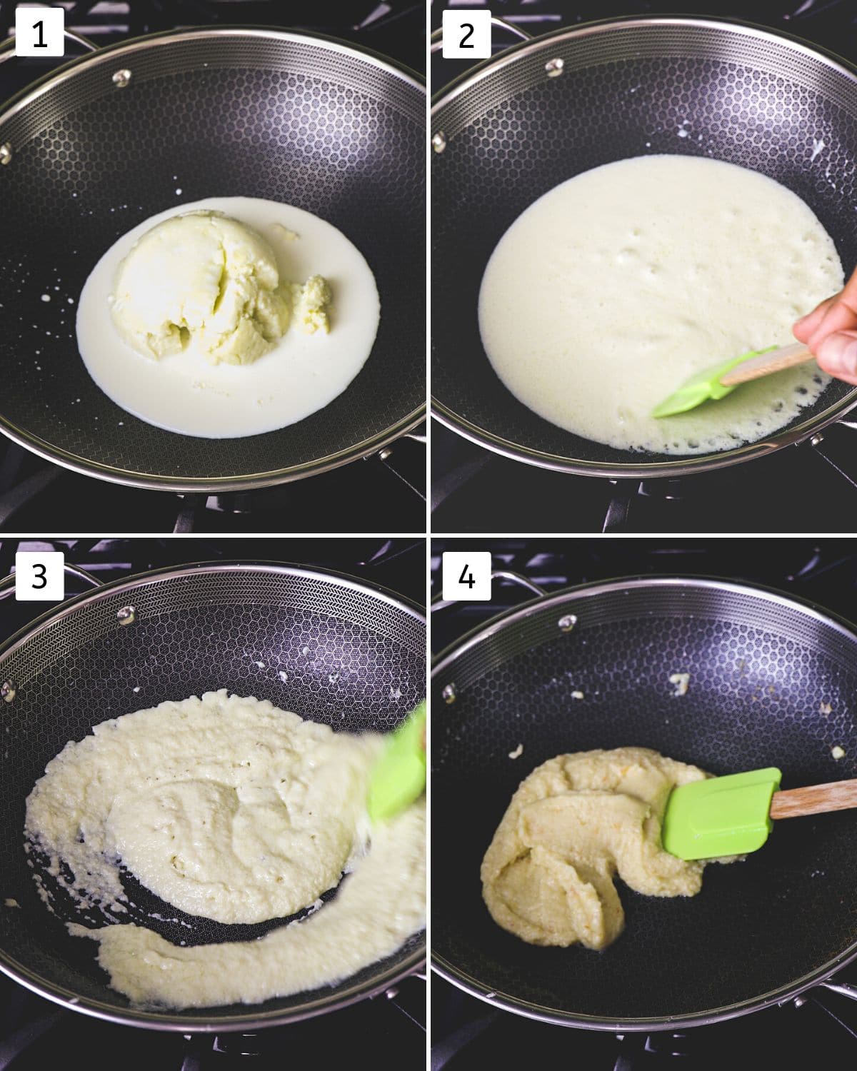 collage of 4 images showing khoya and mix cooking until thickens.