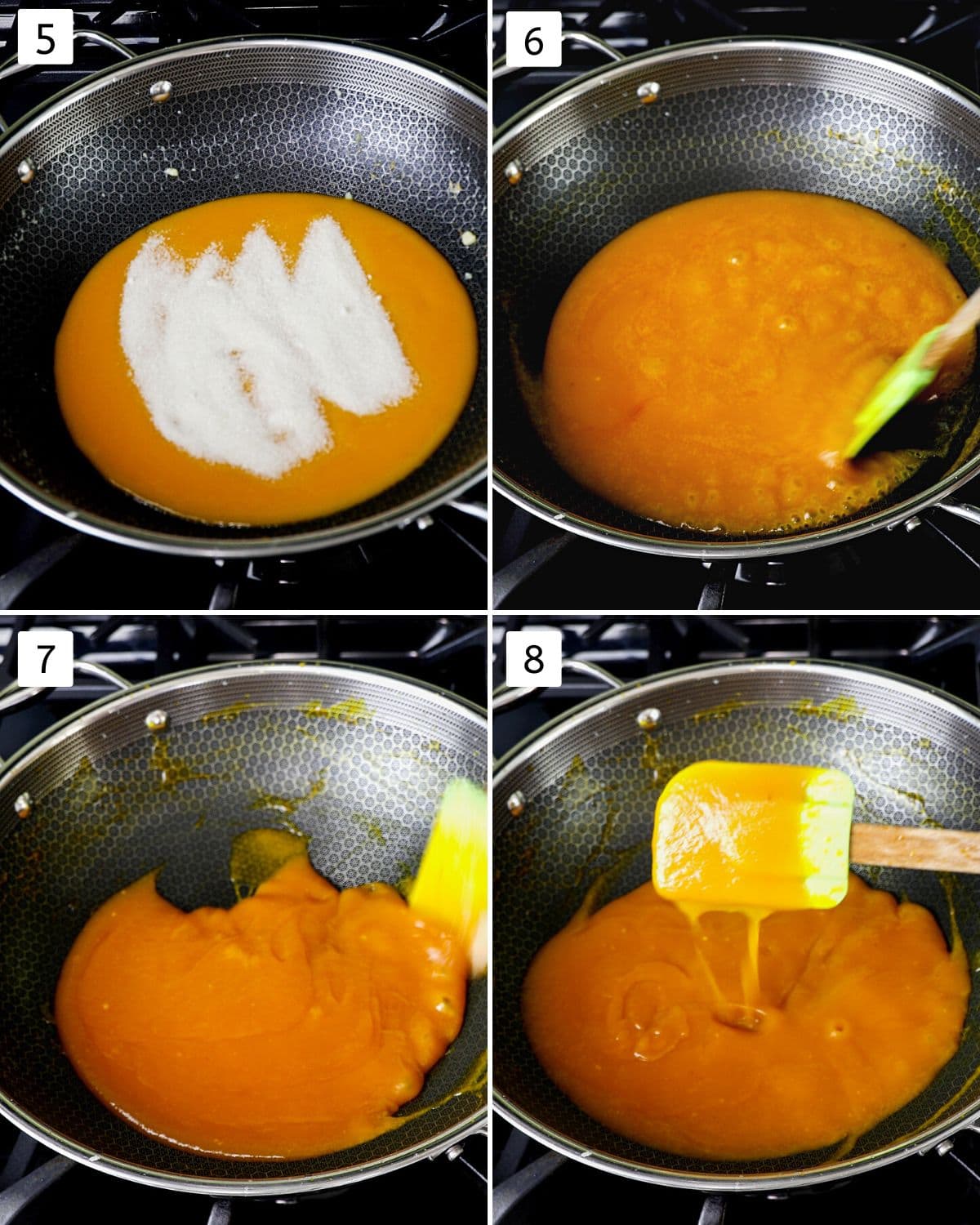 collage of 4 images showing cooking sugar and mango pulp until thickens.