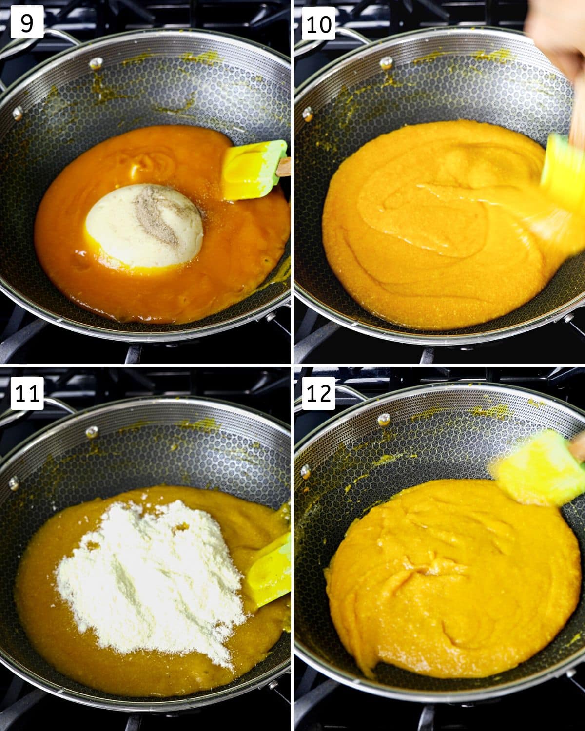 collage of 4 images showing adding and mixing cooked khoya and milk powder.
