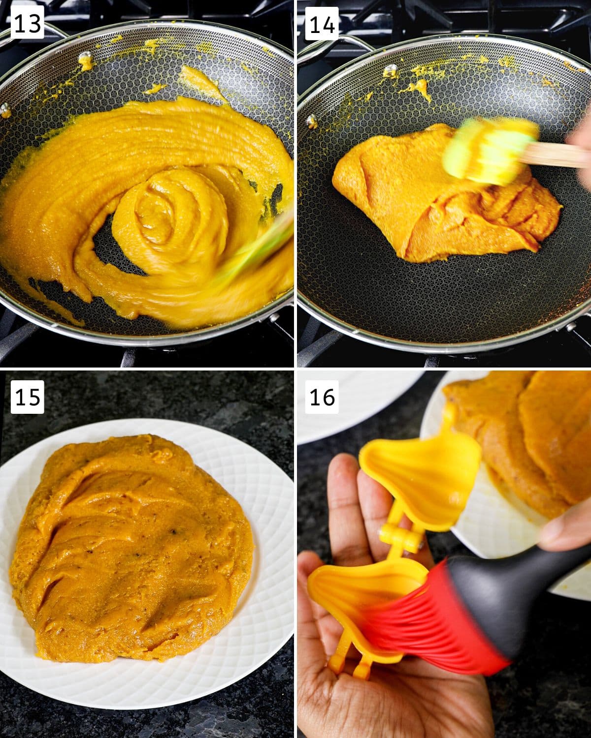 collage of 4 images showing cooking modak mixture until thickens, greasing the mould.