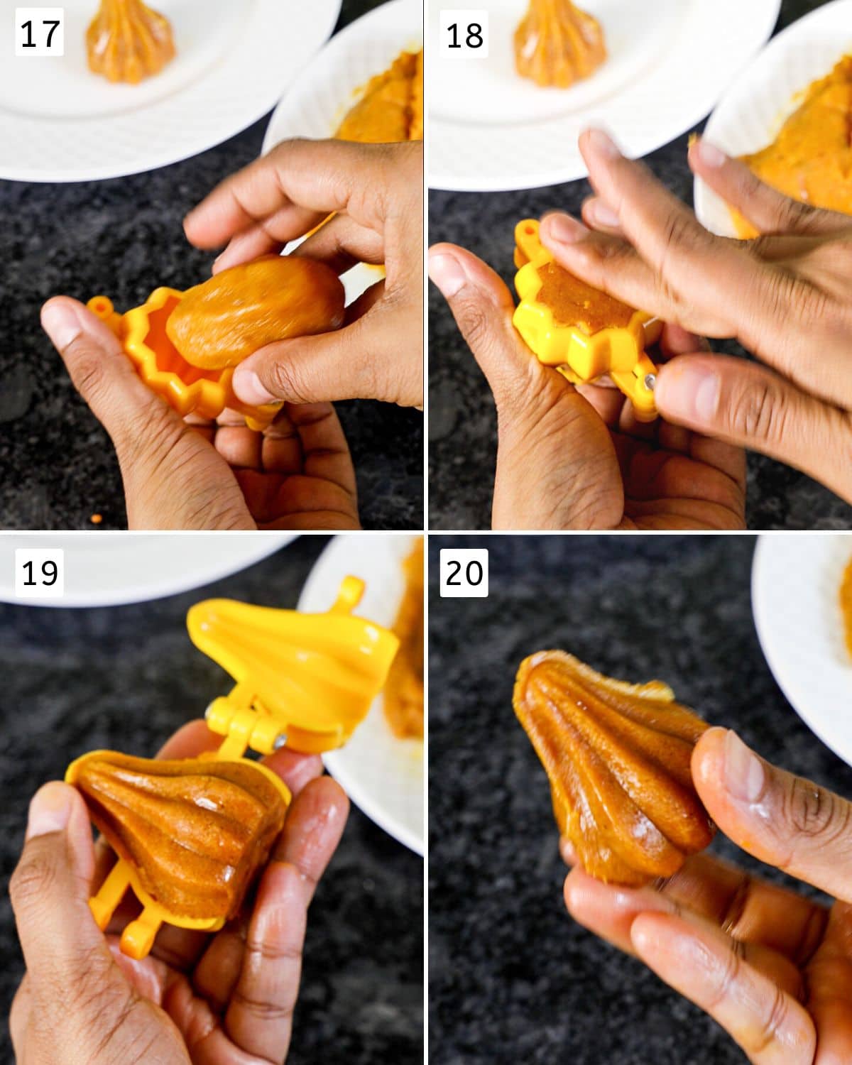 collage of 4 images showing shaping modak using mould.
