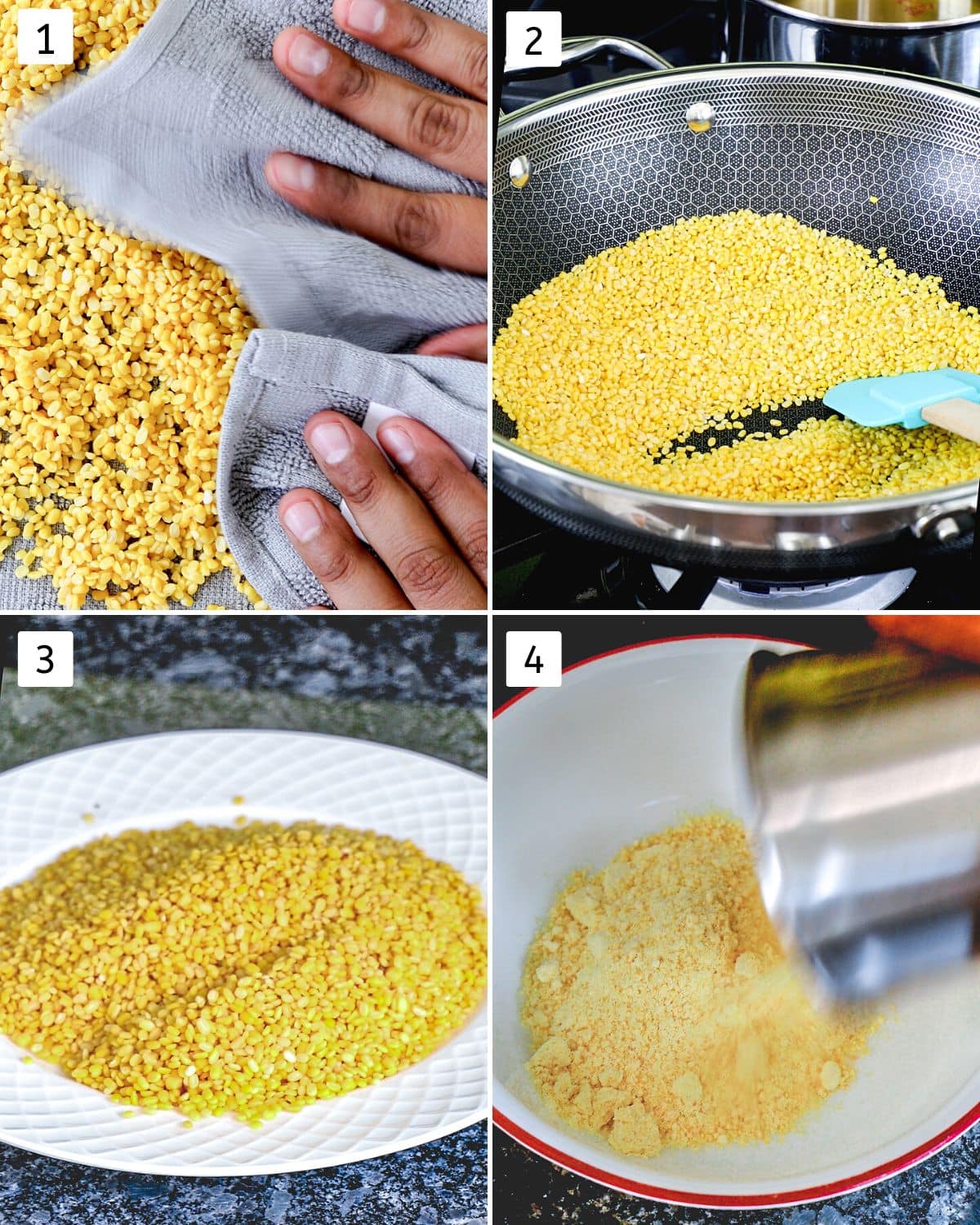 Collage of 4 images showing drying moong dal, roasting and making powder.