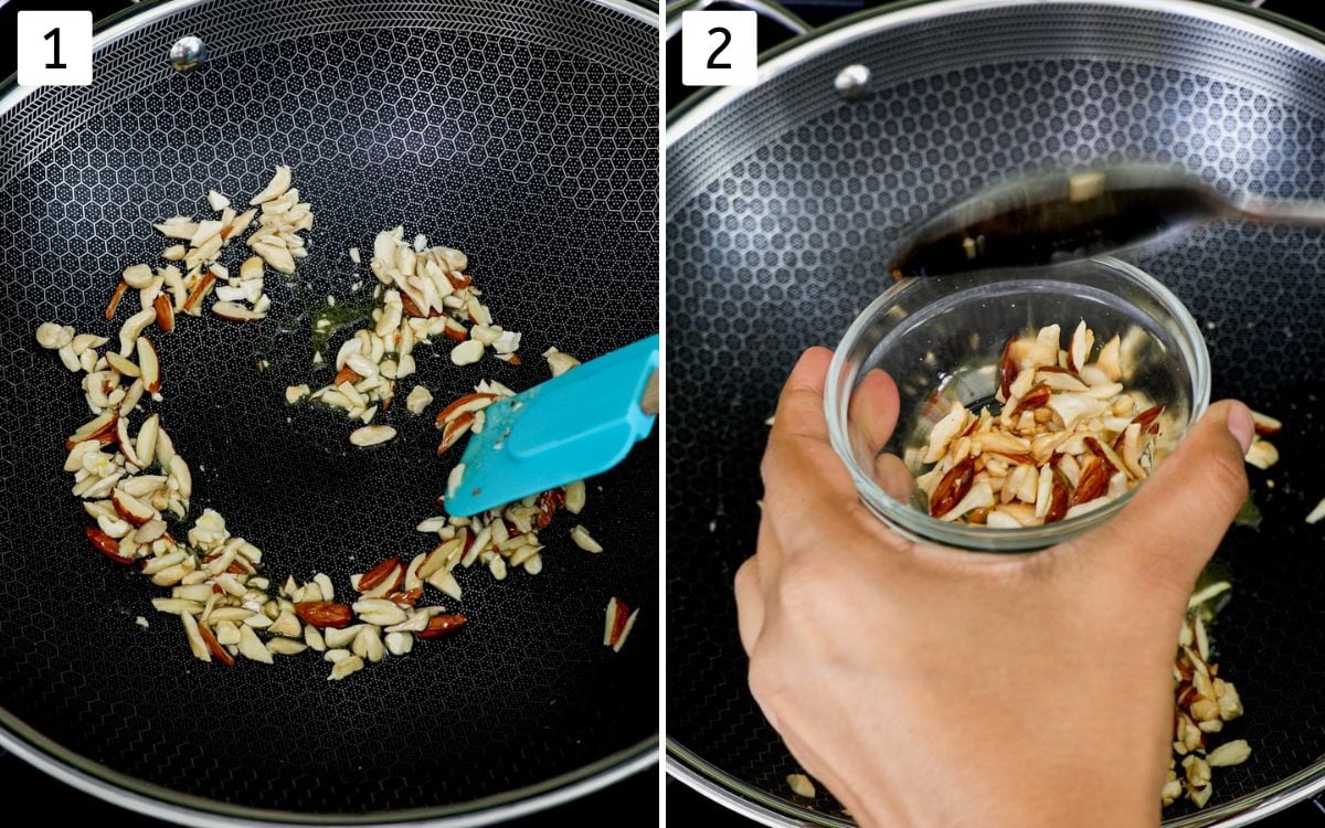 Collage of 2 images showing frying cashews, almonds in the ghee and removing in a bowl.