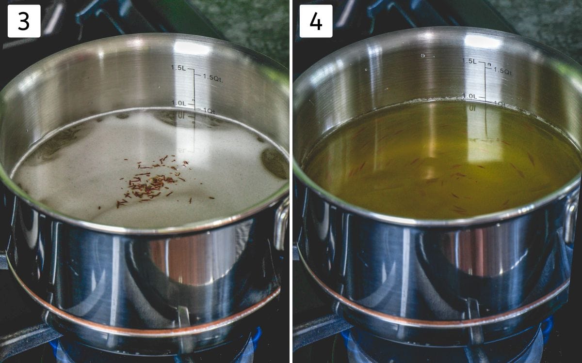 Collage of 2 images showing making sugar syrup with saffron.