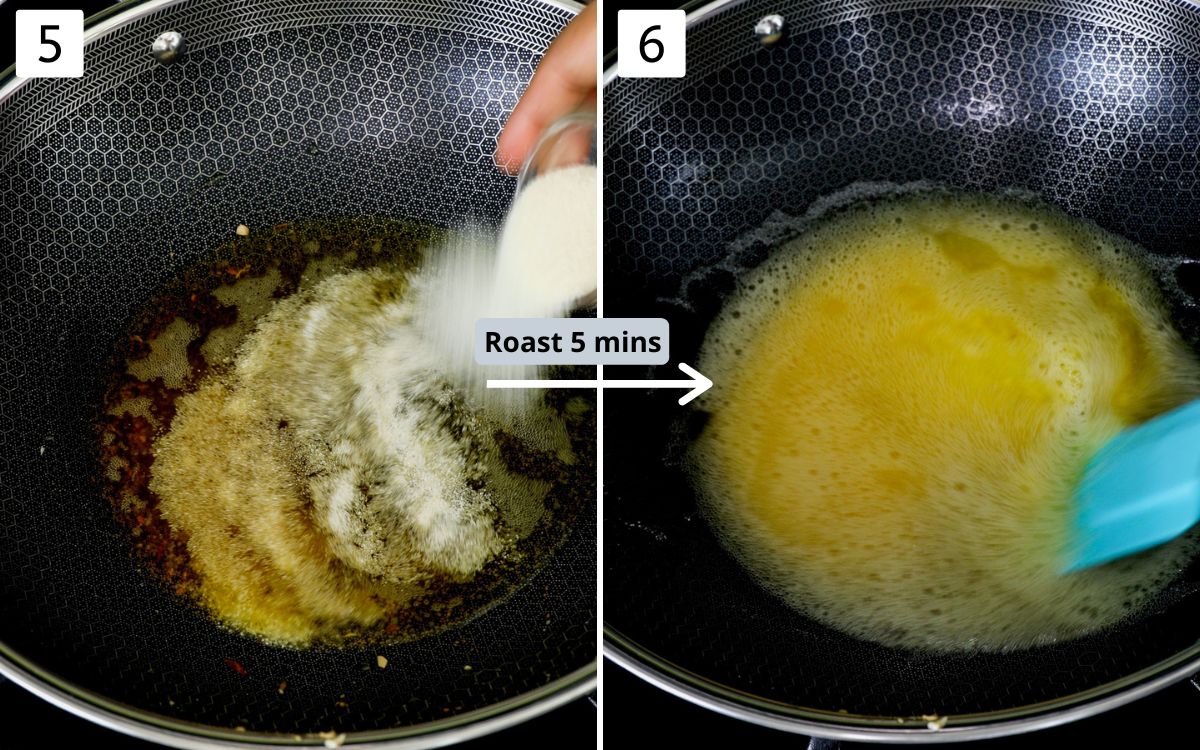 Collage of 2 images showing adding sooji in ghee and roasting.