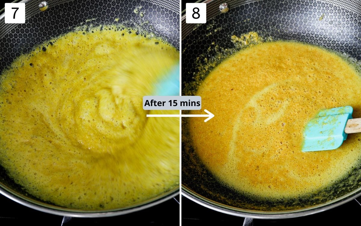 Collage of 2 images showing roasting moong dal powder with label.
