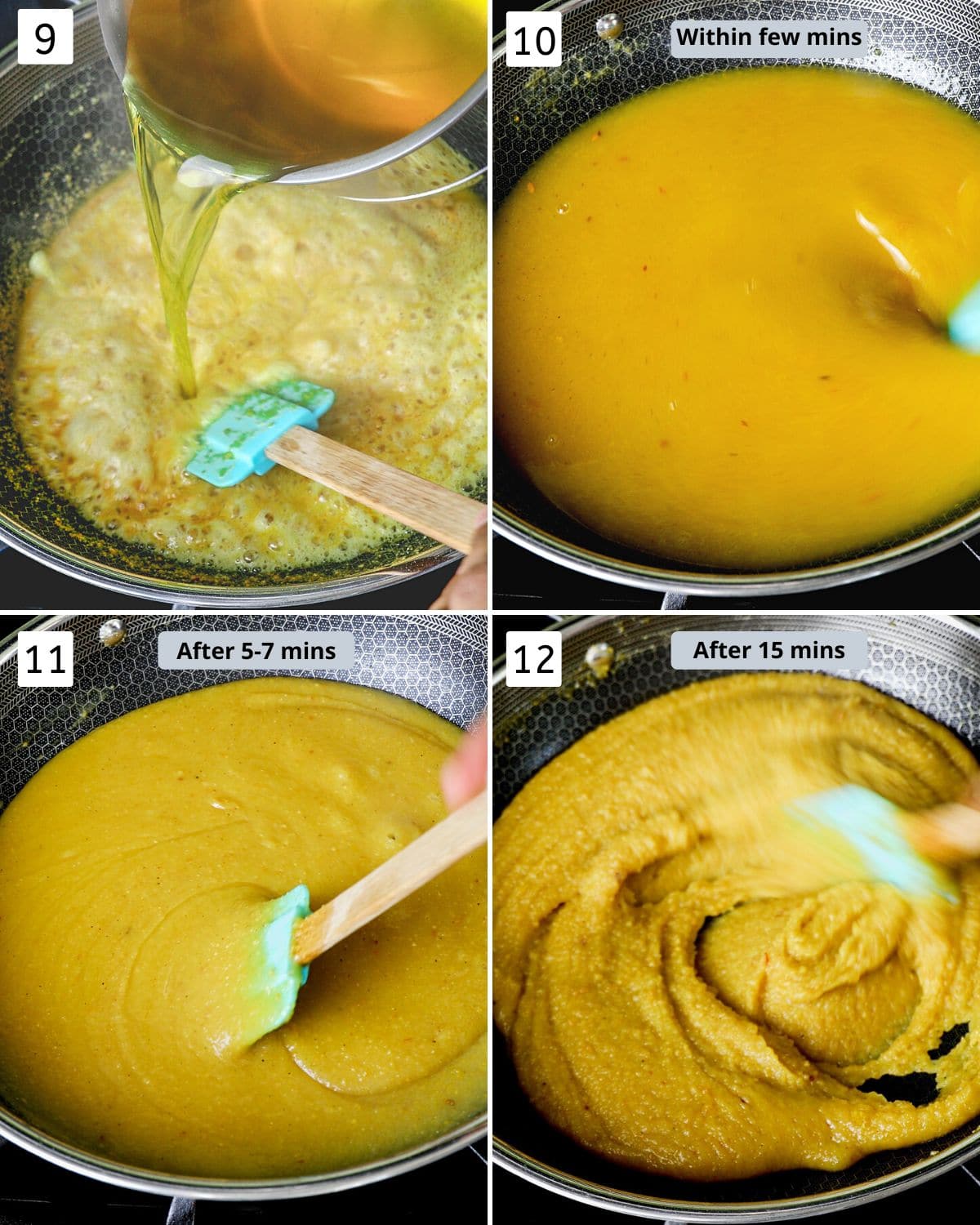 Collage of 4 images showing adding syrup and cooking with labels showing cook time.