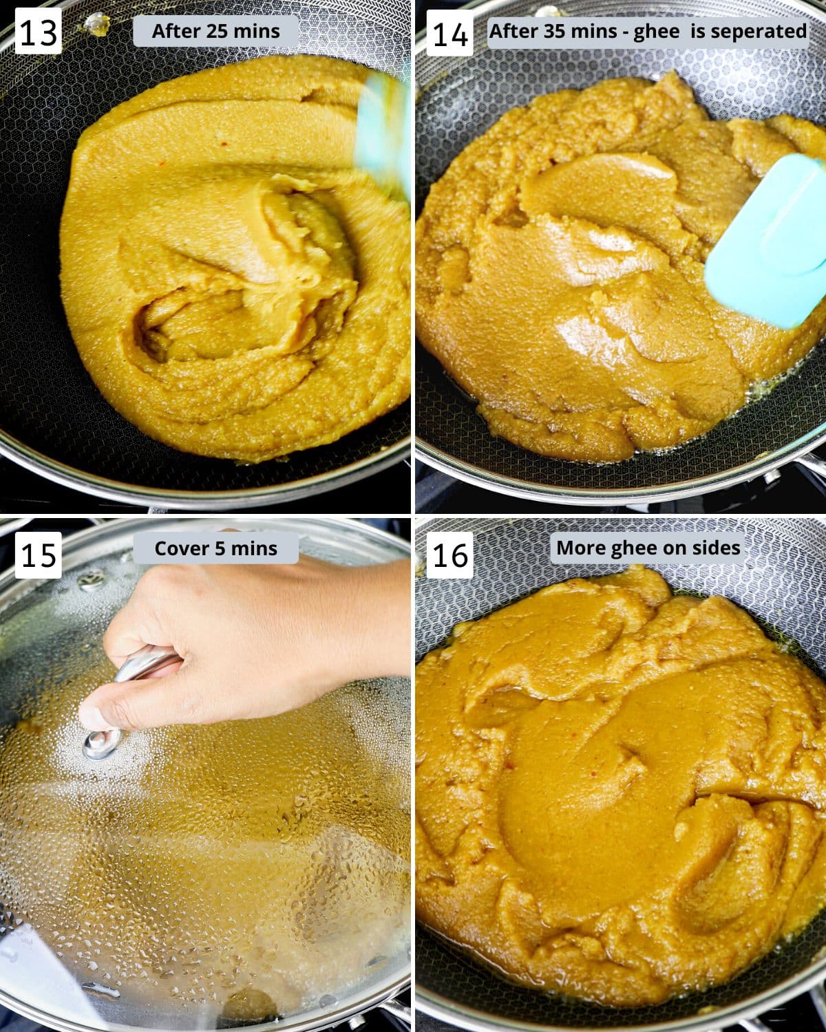 Collage of 4 images showing cooked halwa, covered and ready halwa with lables of cook time.