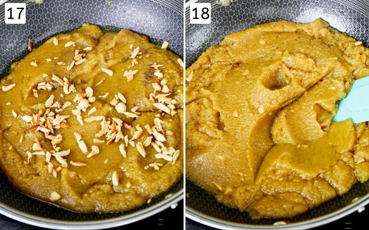 Collage of 2 images showing adding cardamom and nuts, mixed.
