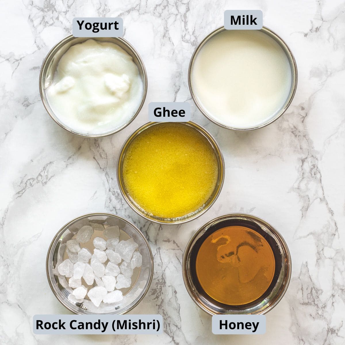 Panchamrit recipe ingredients in bowls with labels.