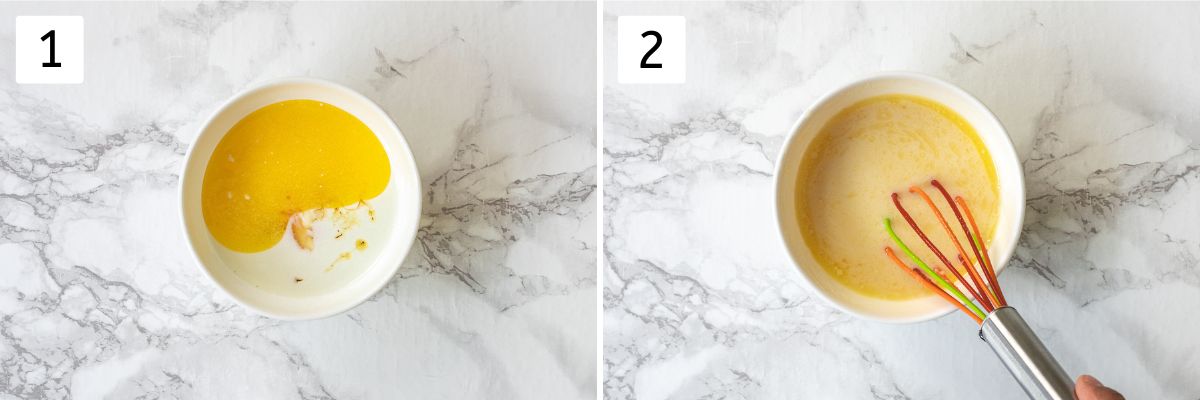 Collage of 2 images showing panchamrut ingredients in a bowl and whisked together.