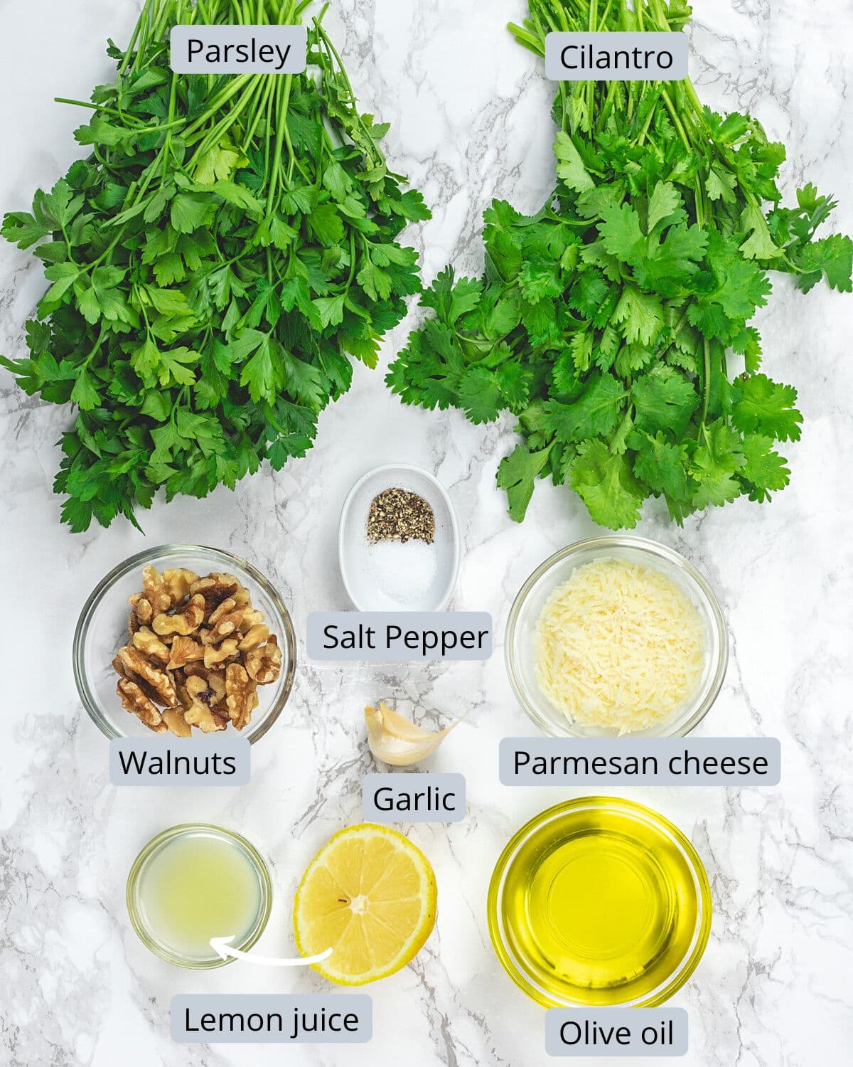 Parsley pesto ingredients in bowls with labels.