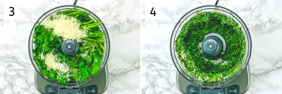 Collage of 2 images showing adding pesto ingredients and blending.