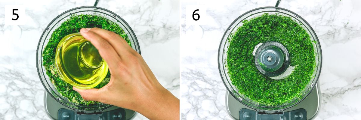 Collage of 2 images showing adding olive oil and ready pesto.