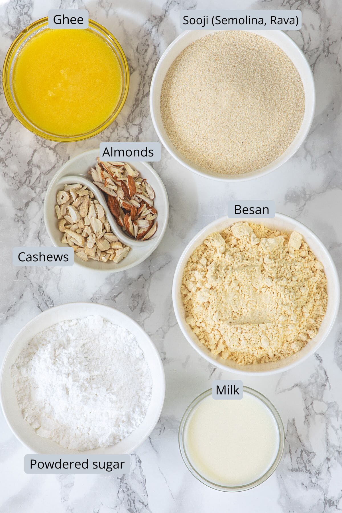 Rava besan ladoo ingredients in bowls with labels.