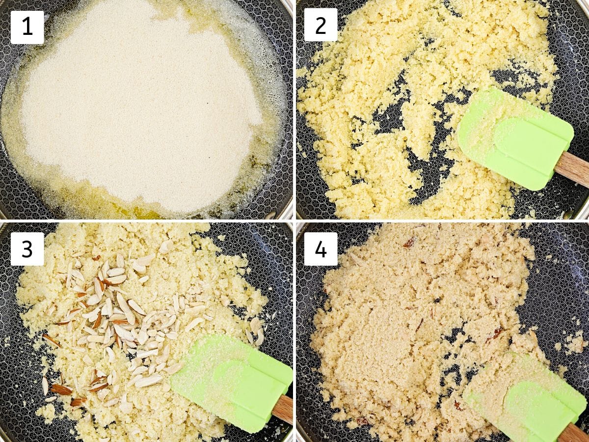 Collage of 4 images showing adding sooji to ghee, roasting with spatula.