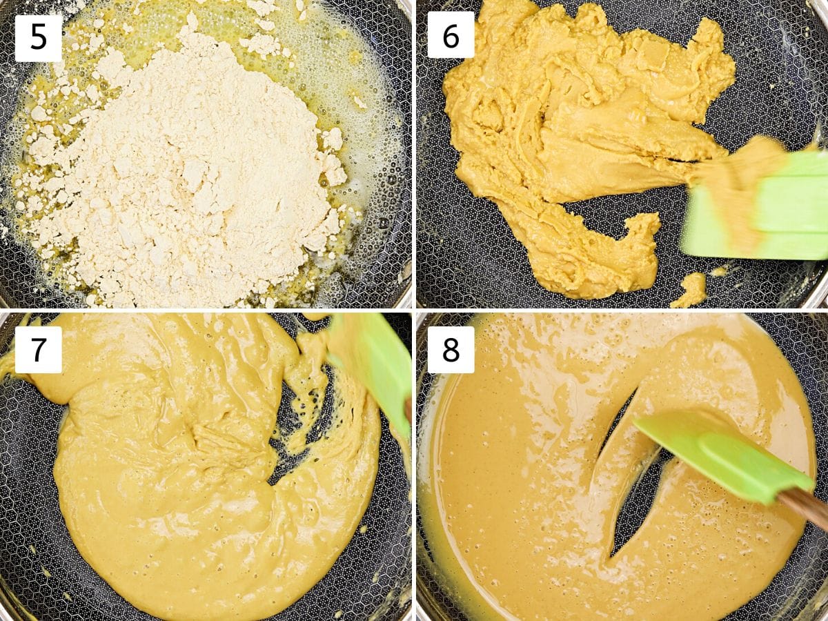 Collage of 4 images showing adding besan to the ghee and roasting.