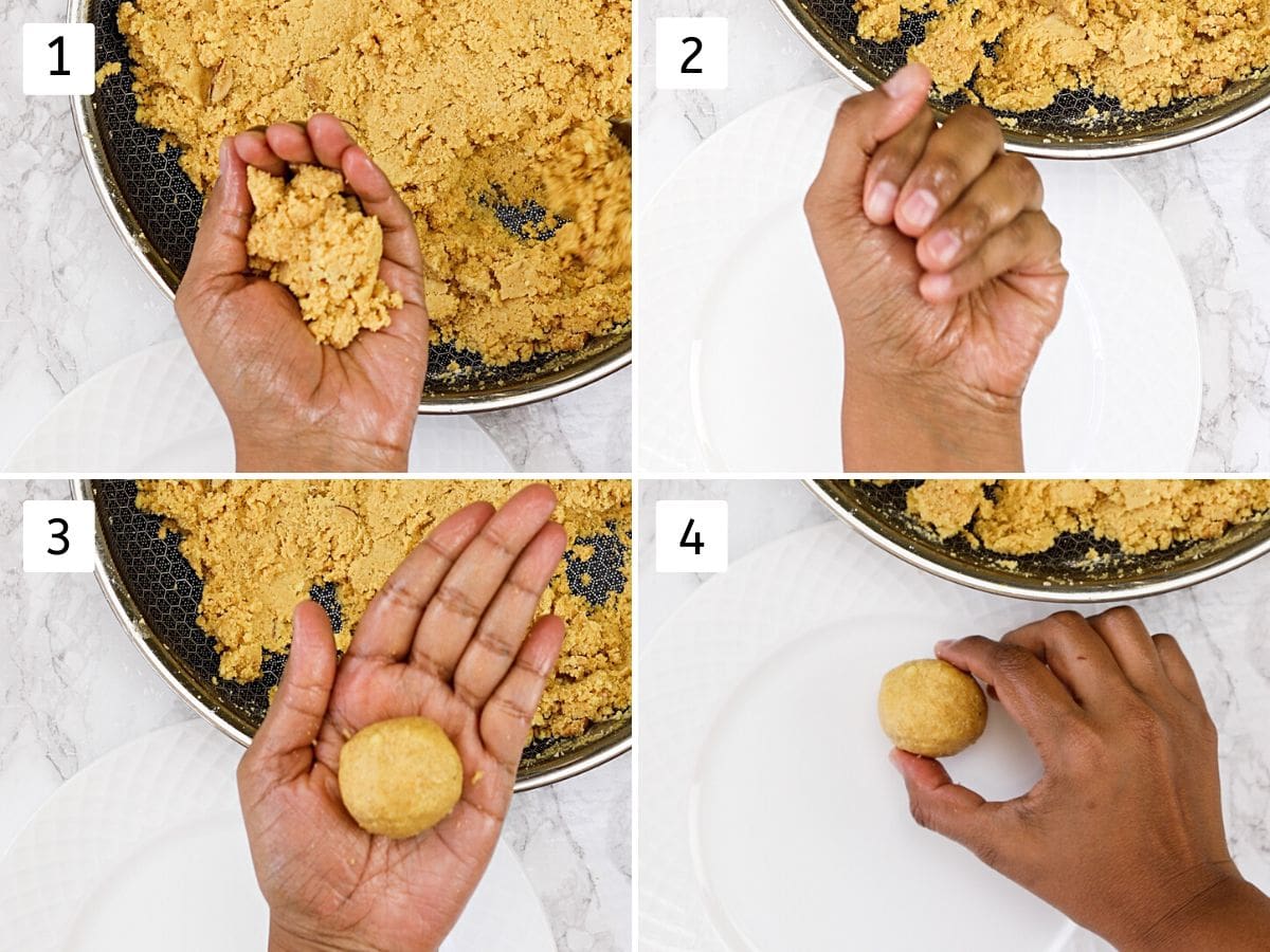 Collage of 4 images showing shaping the ladoo using hand.