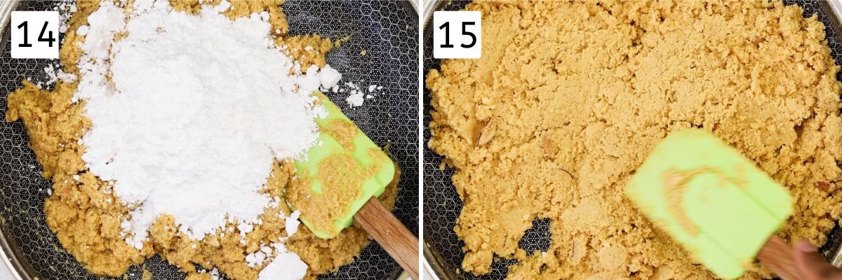 Collage of 2 images showing adding powdered sugar and mixing.