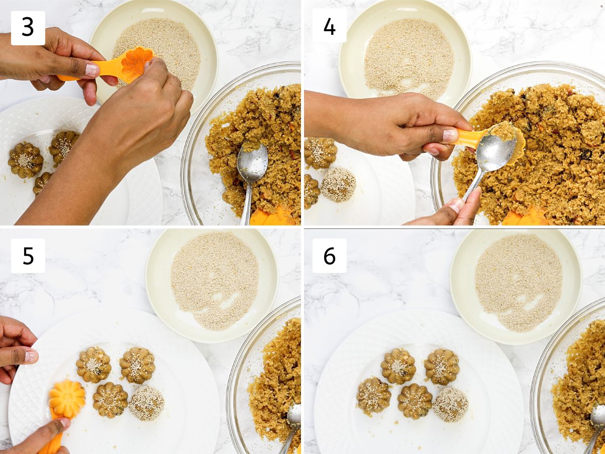 Collage of 4 images showing shaping ladoo using mold.