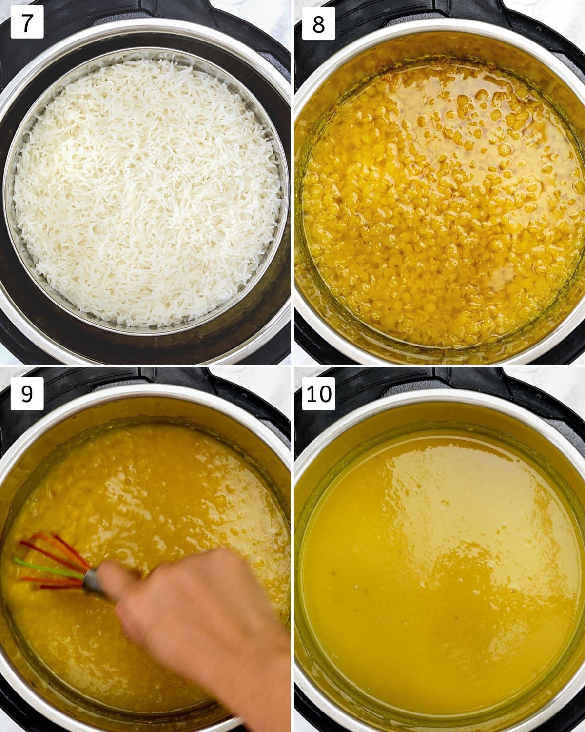 Collage of 4 images showing cooked rice and dal, mashing dal.