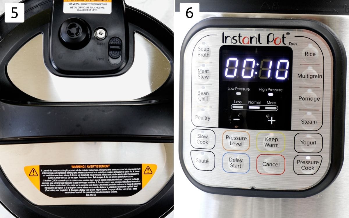 Collage of 2 images showing instant pot closed with lid and instant pot cook time.