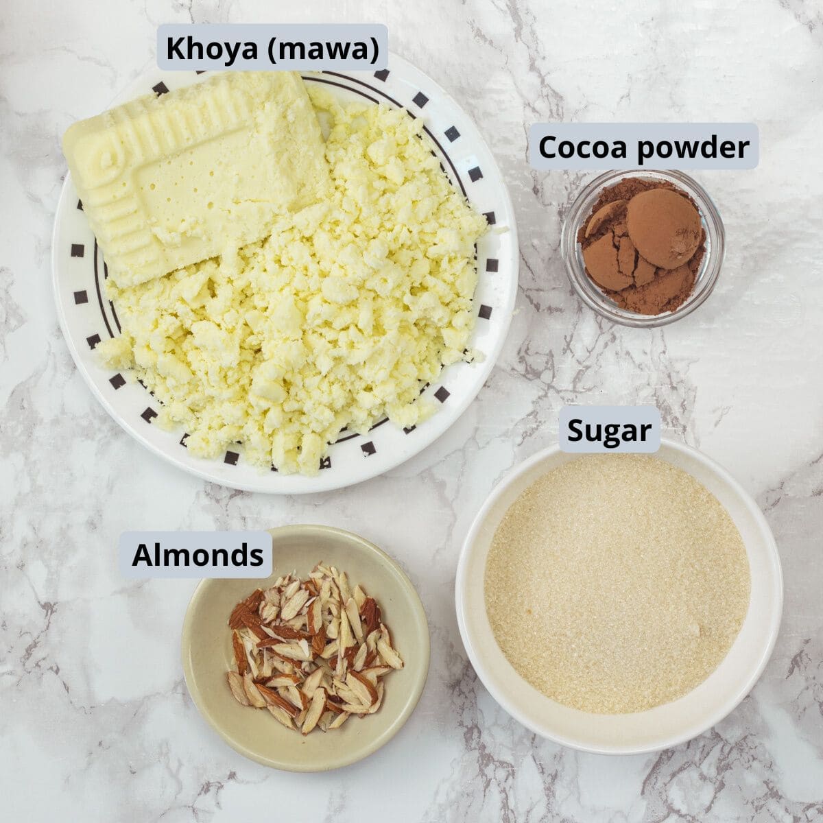 Chocolate burfi ingredients in bowls and plate with labels.