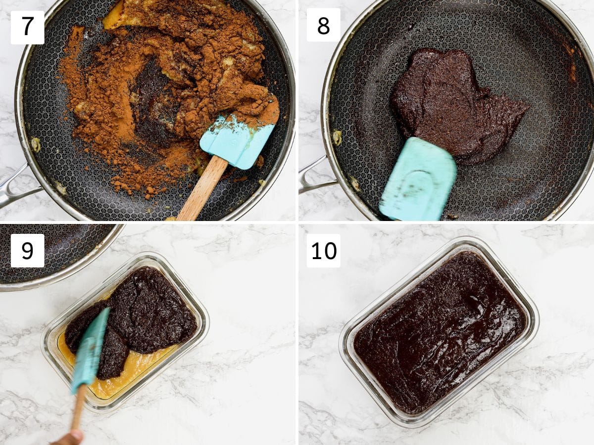 Collage of 4 images showing mixing cooca powder and spreading as a second layer.