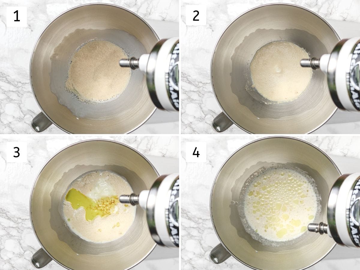 Collage of 4 images showing blooming yeast and adding wet ingredients.