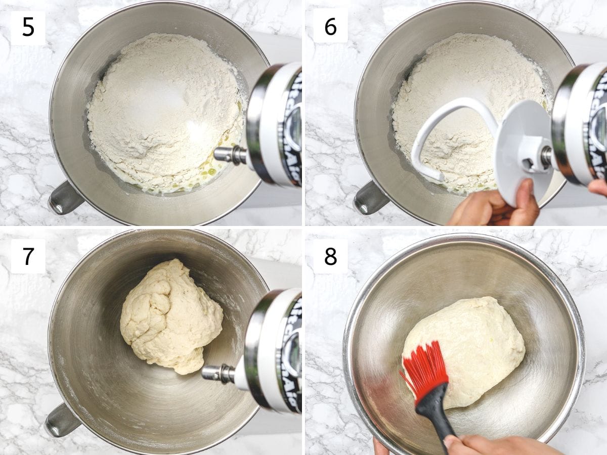 Collage of 4 images showing adding flour and ready dough brushed with oil.