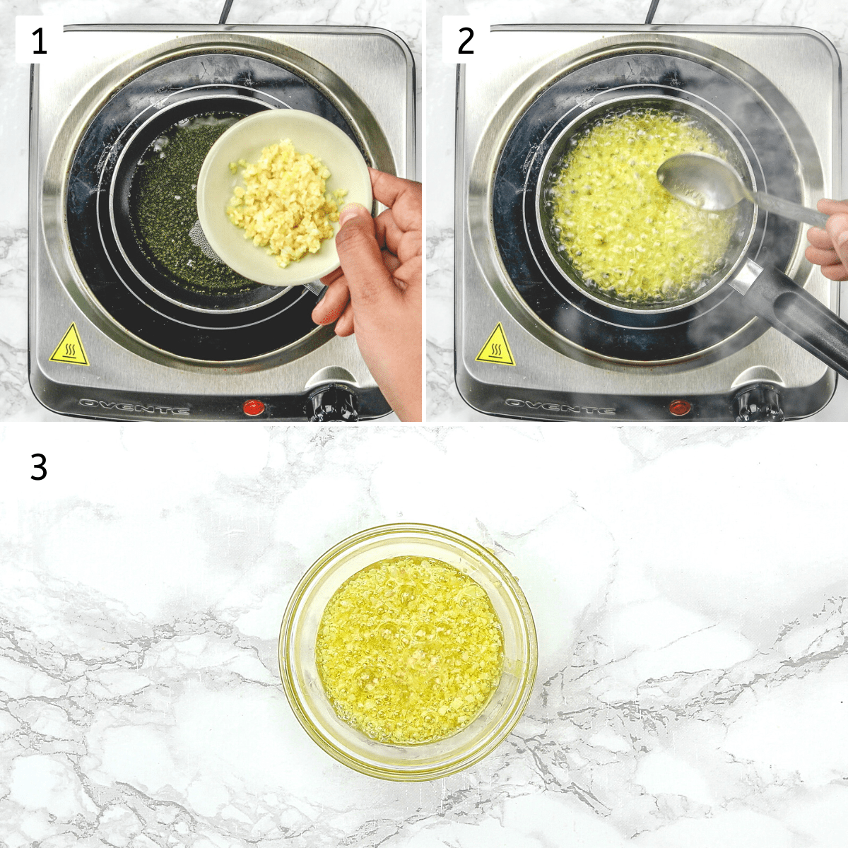 Collage of 3 images showing sauteing garlic in the ghee and removed in a bowl.