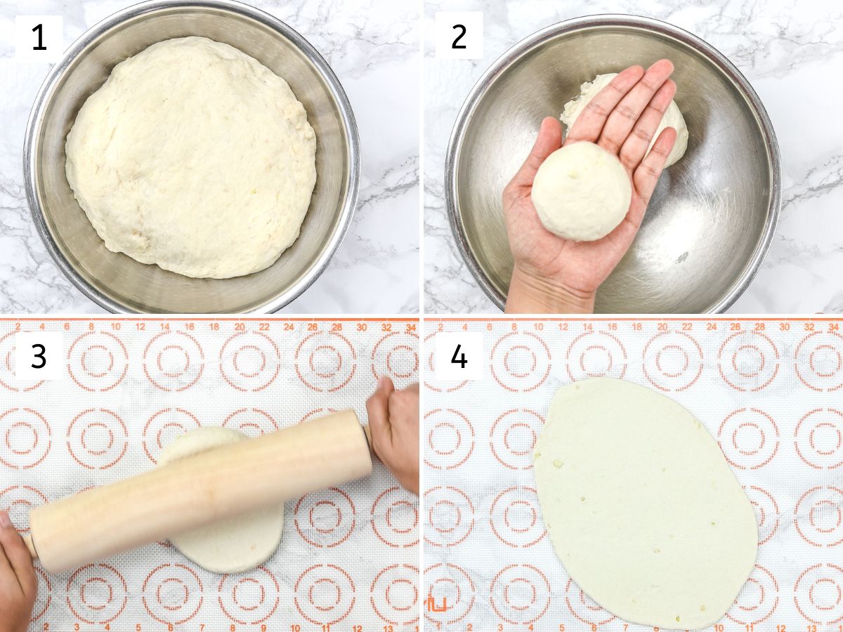 Collage of 4 images showing proofed dough, small dough ball and rolled naan.
