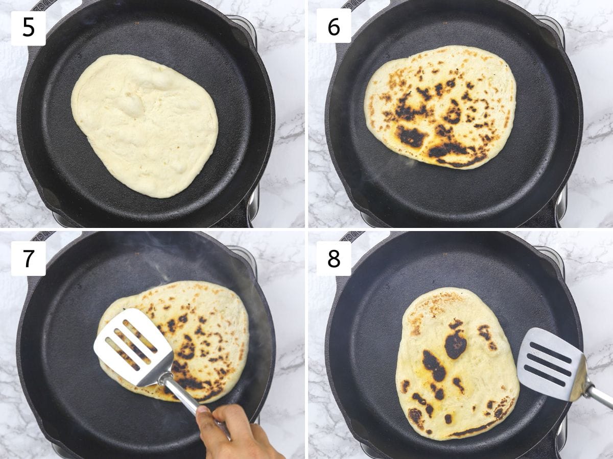 Collage of 4 images showing cooking garlic naan on stovetop in a skillet.