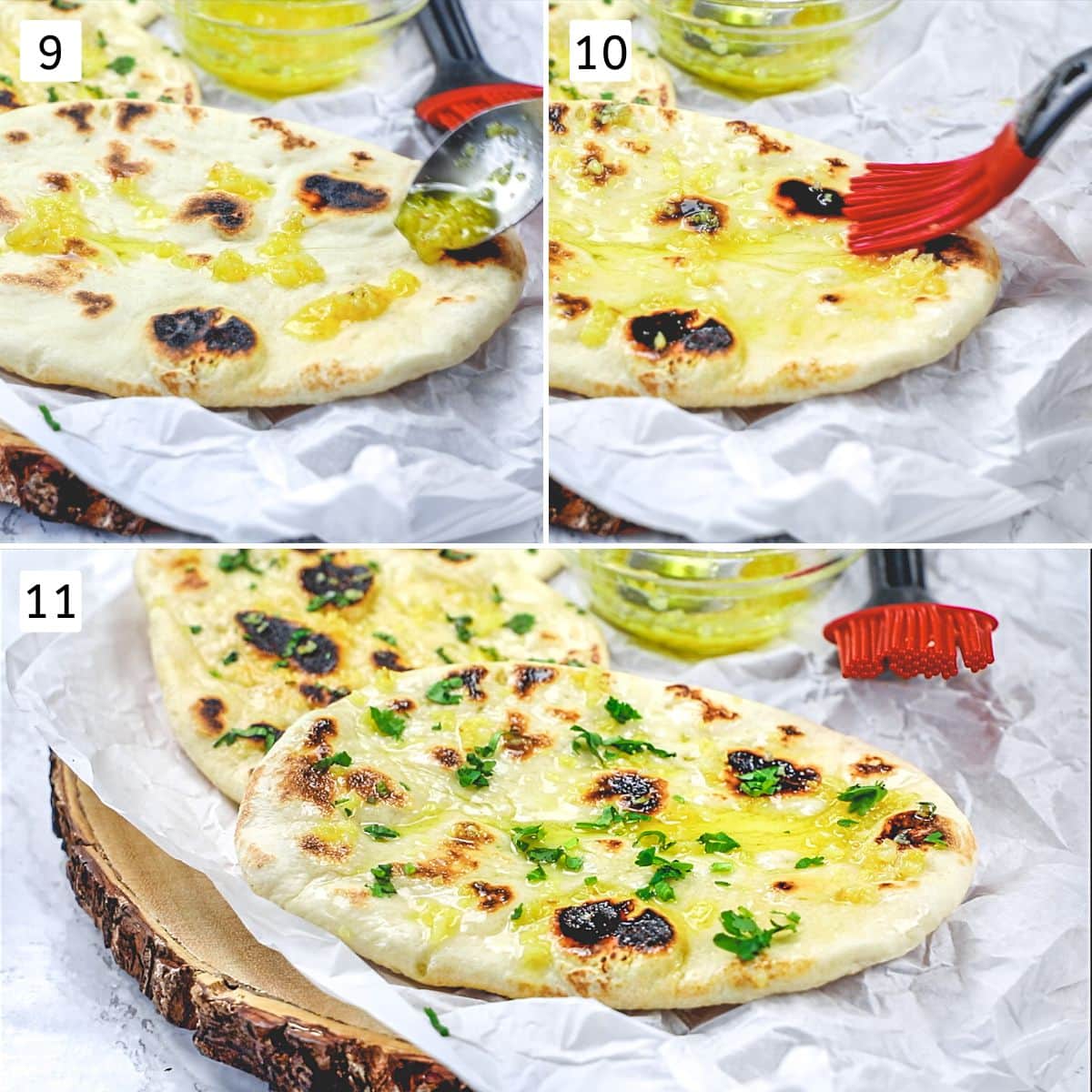 Collage of 3 images showing brushing with garlic ghee and sprinkling cilantro.